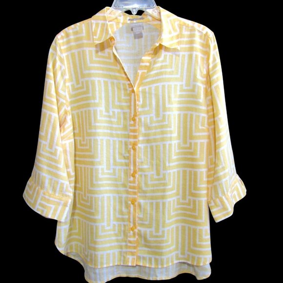 Chicos No Iron Linen Button Up Top Size L 2 Yellow White Geometric 3/4 Sleeve - Picture 1 of 8